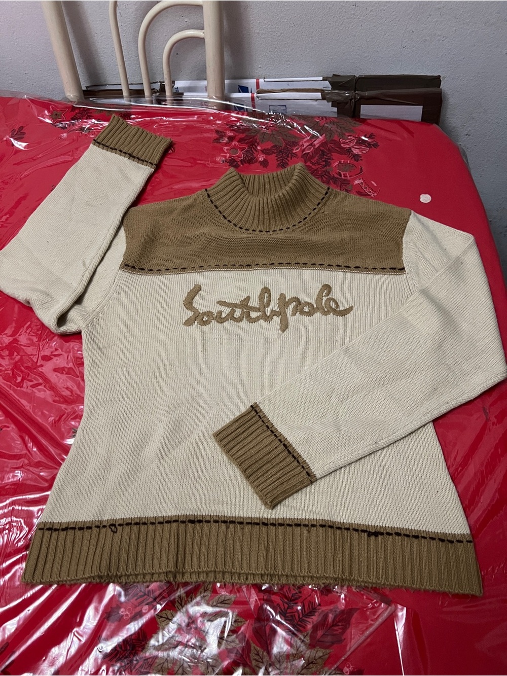 Southpole Waffle Knit Sweater Beige Brown Embroidered Logo Women’s Sz 2XL